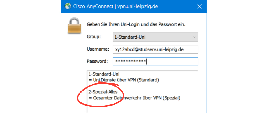 Screenshot VPN Screenshot: Cisco AnyConnect: Group: 2-Spezial-Alles